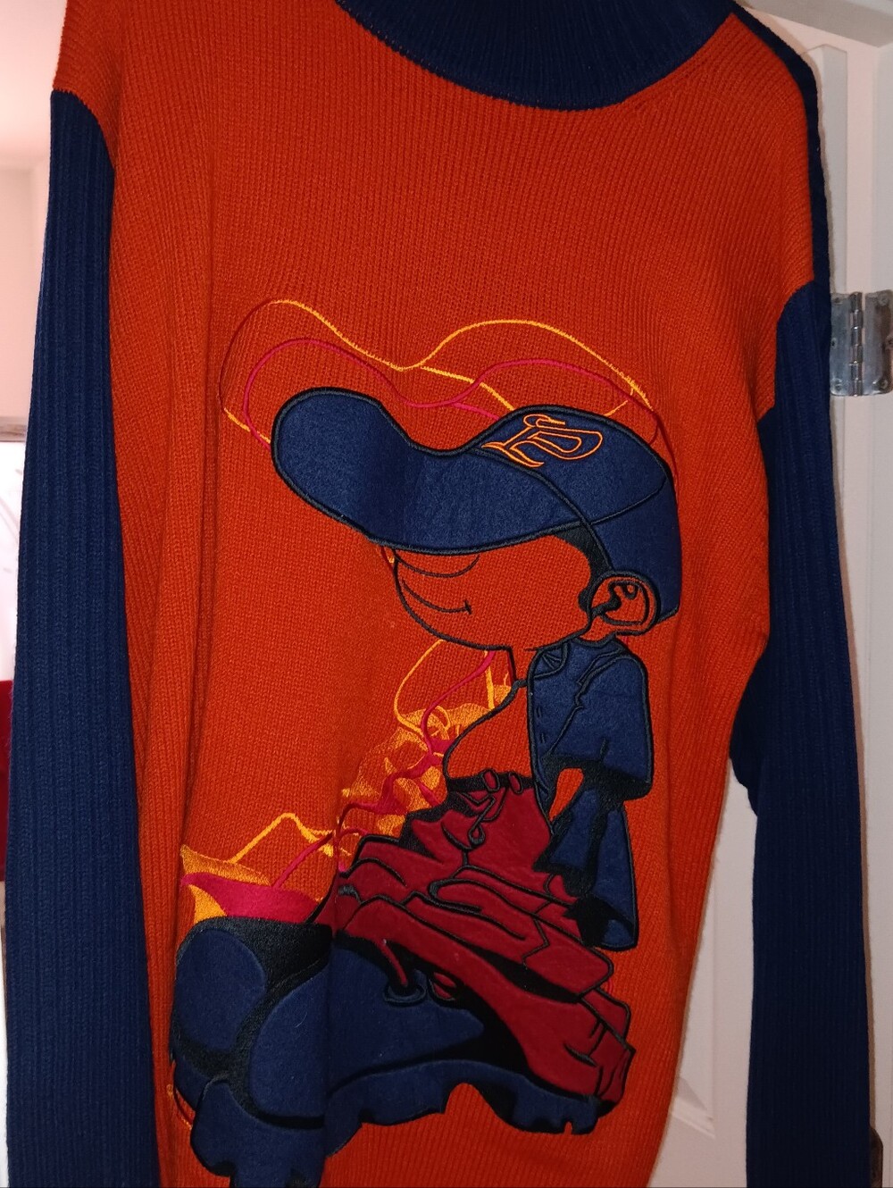 Paco Men's Orange and Navy Graphic Crewneck Hip Hop Sweater (Vintage) Size L
